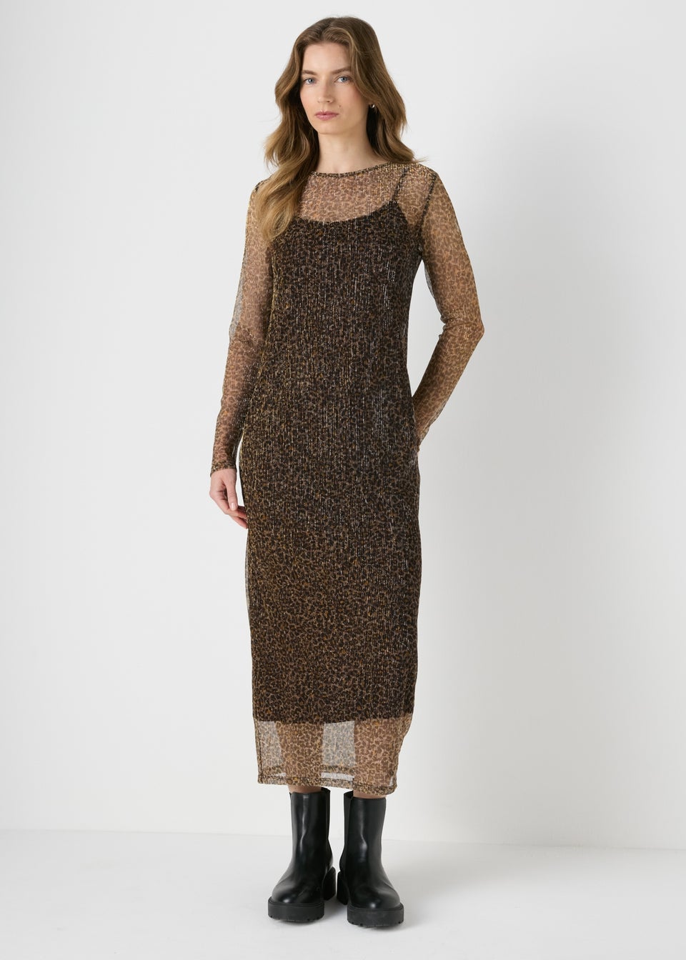 Brown Animal Plisse Midi Dress