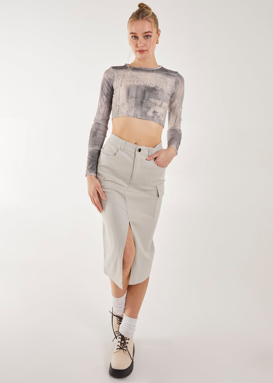 Pink Vanilla Grey Washed Print Long Sleeve Brooklyn Top
