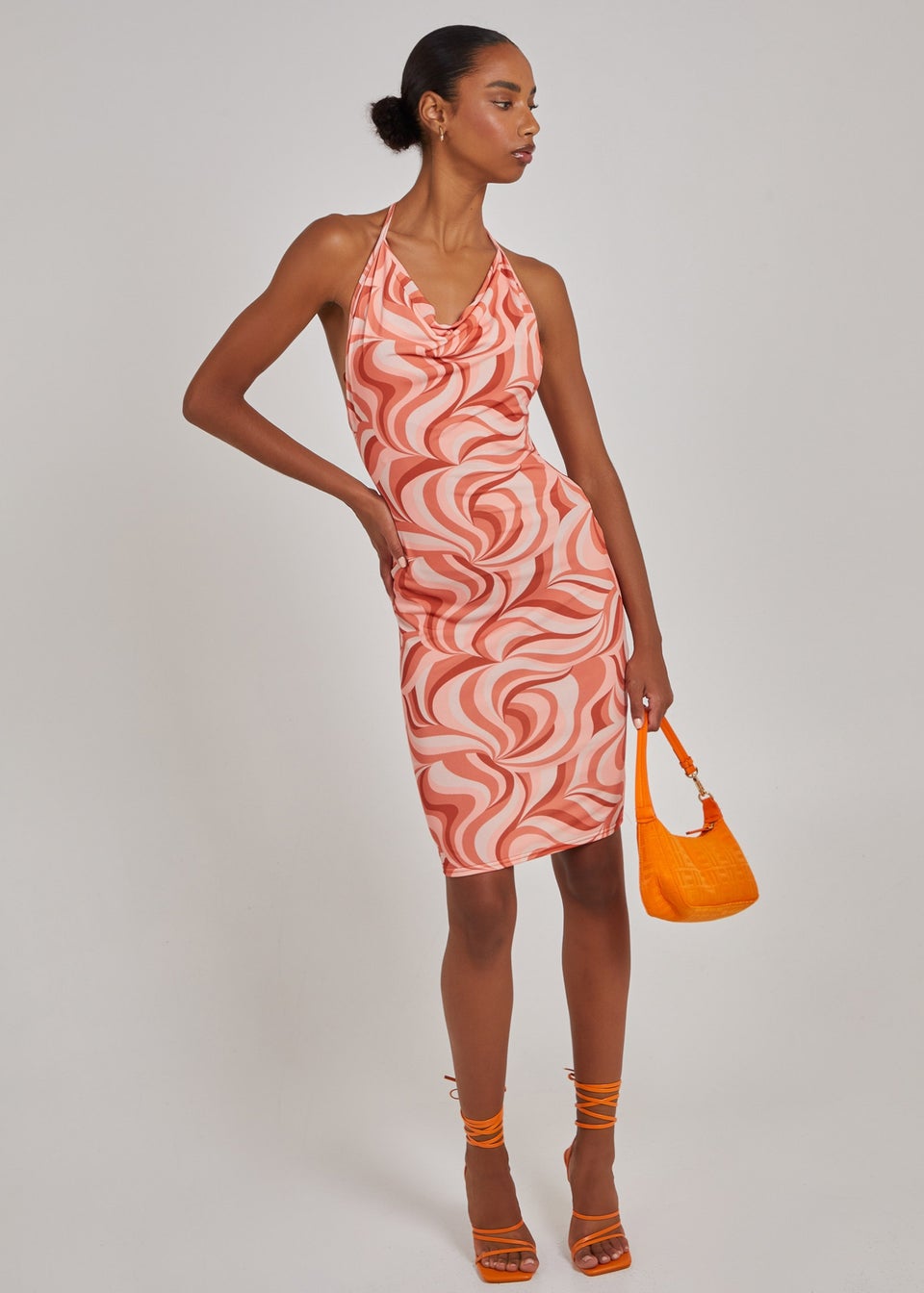 Pink Vanilla Orange Swirl Print Cowl Neck Mini Dress