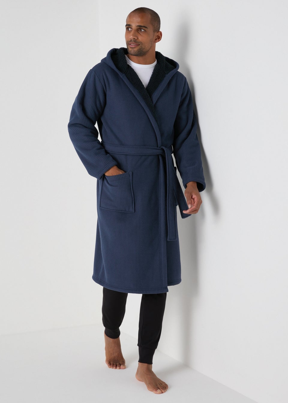 Blue Textured Bonded Hood Dressing Gown Matalan