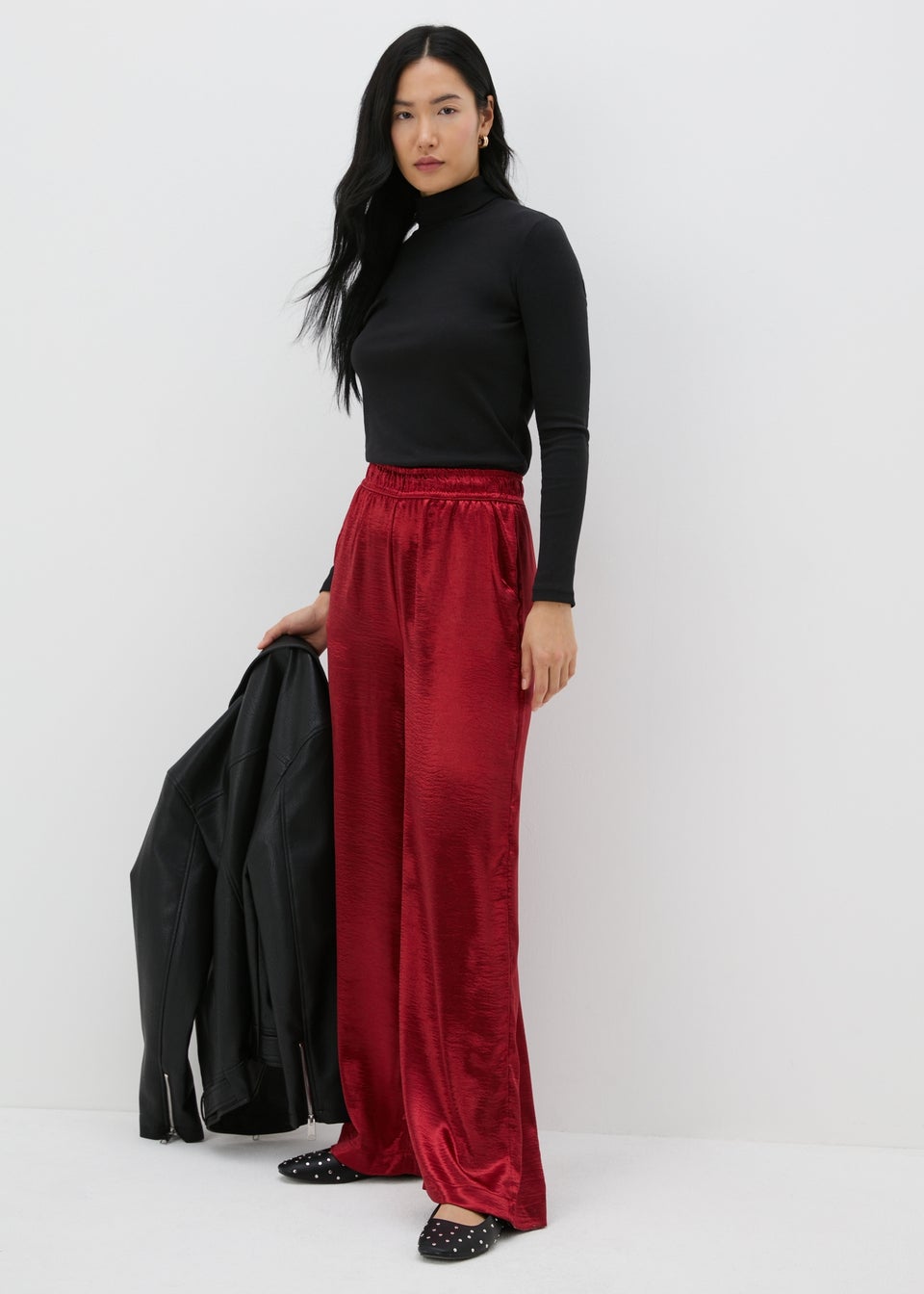 Red Textured Satin Wide Leg Trousers