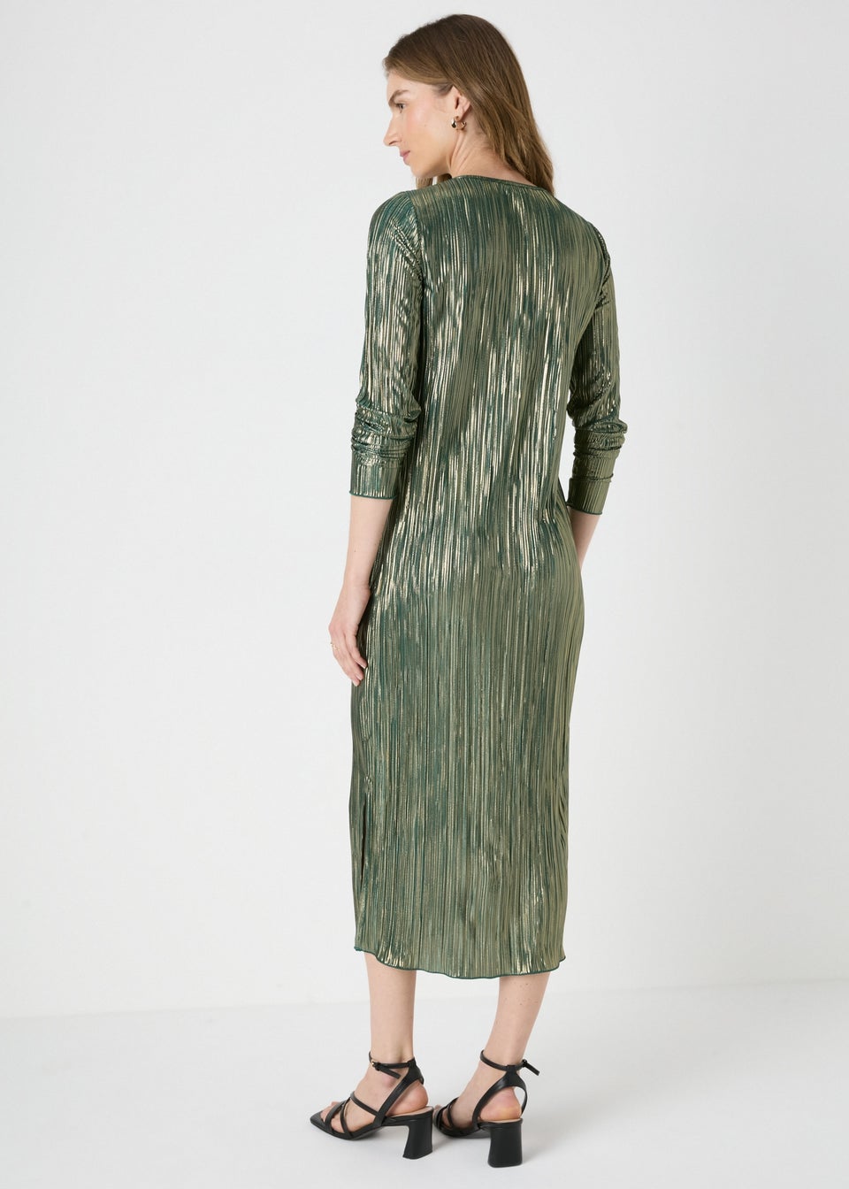 Green Metallic Plisse Midi Dress