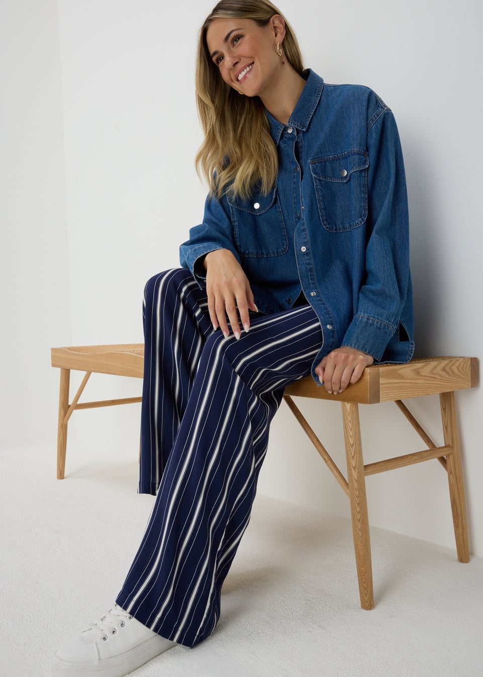 Navy stripe wide leg trousers discount