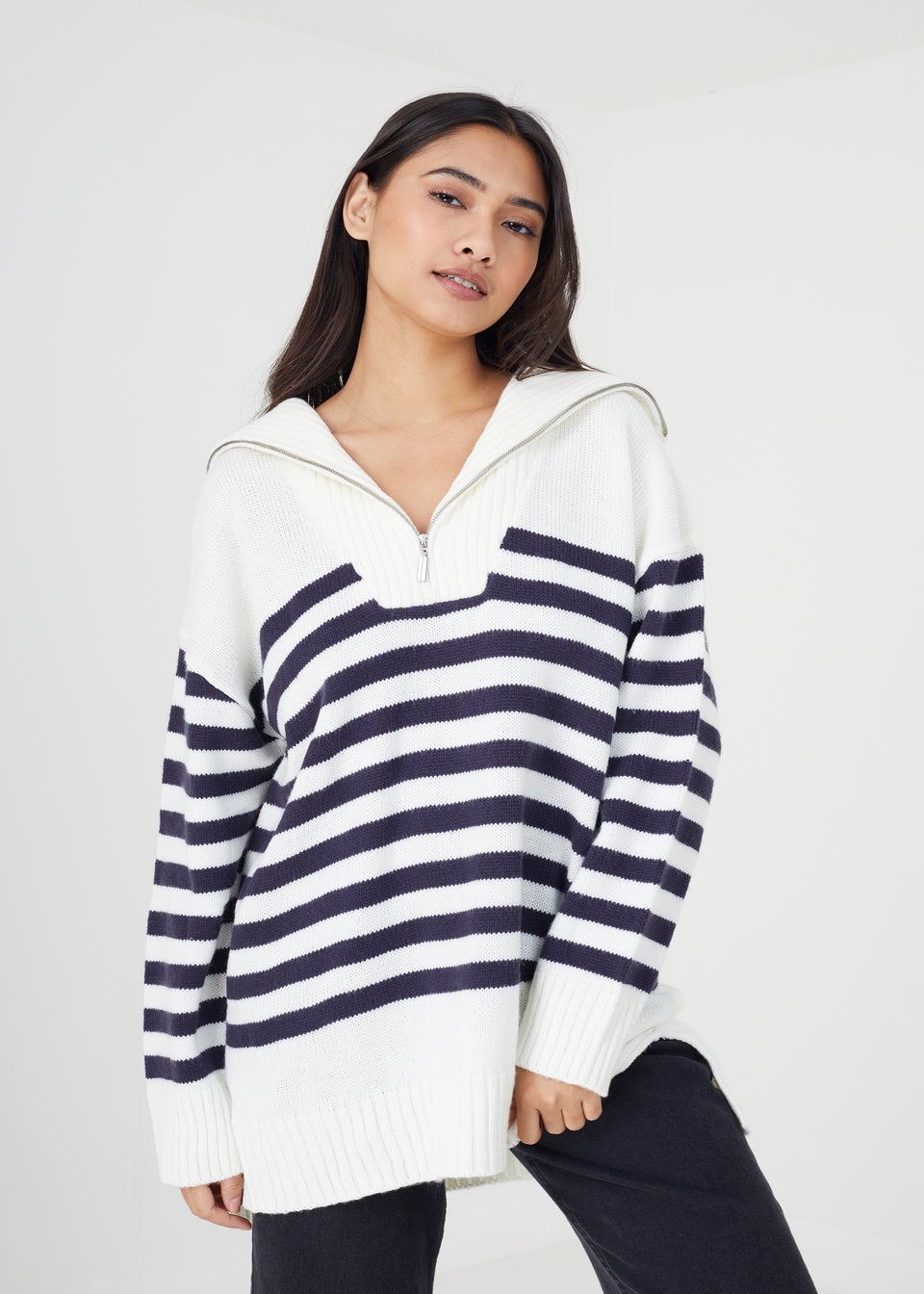 Brave Soul Ivory Fashion Striped Oversized 1/2 Zip Knitted Jumper