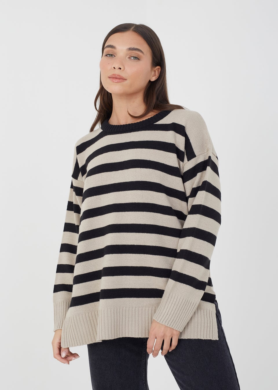 Brave Soul Taupe Greyson Fine Stripe Oversized Knitted Jumper