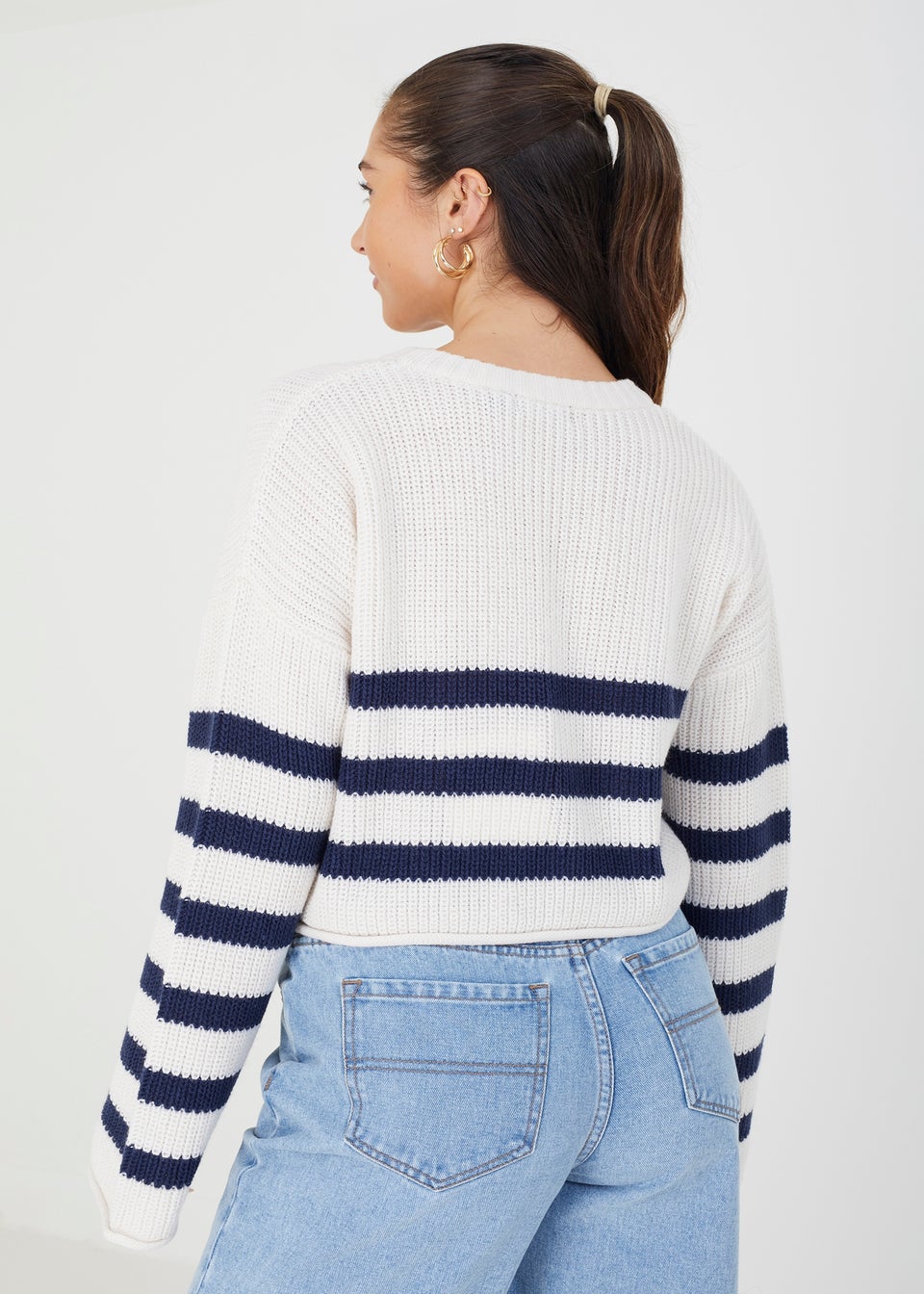 Brave Soul White Randel Striped Cropped Knitted Jumper