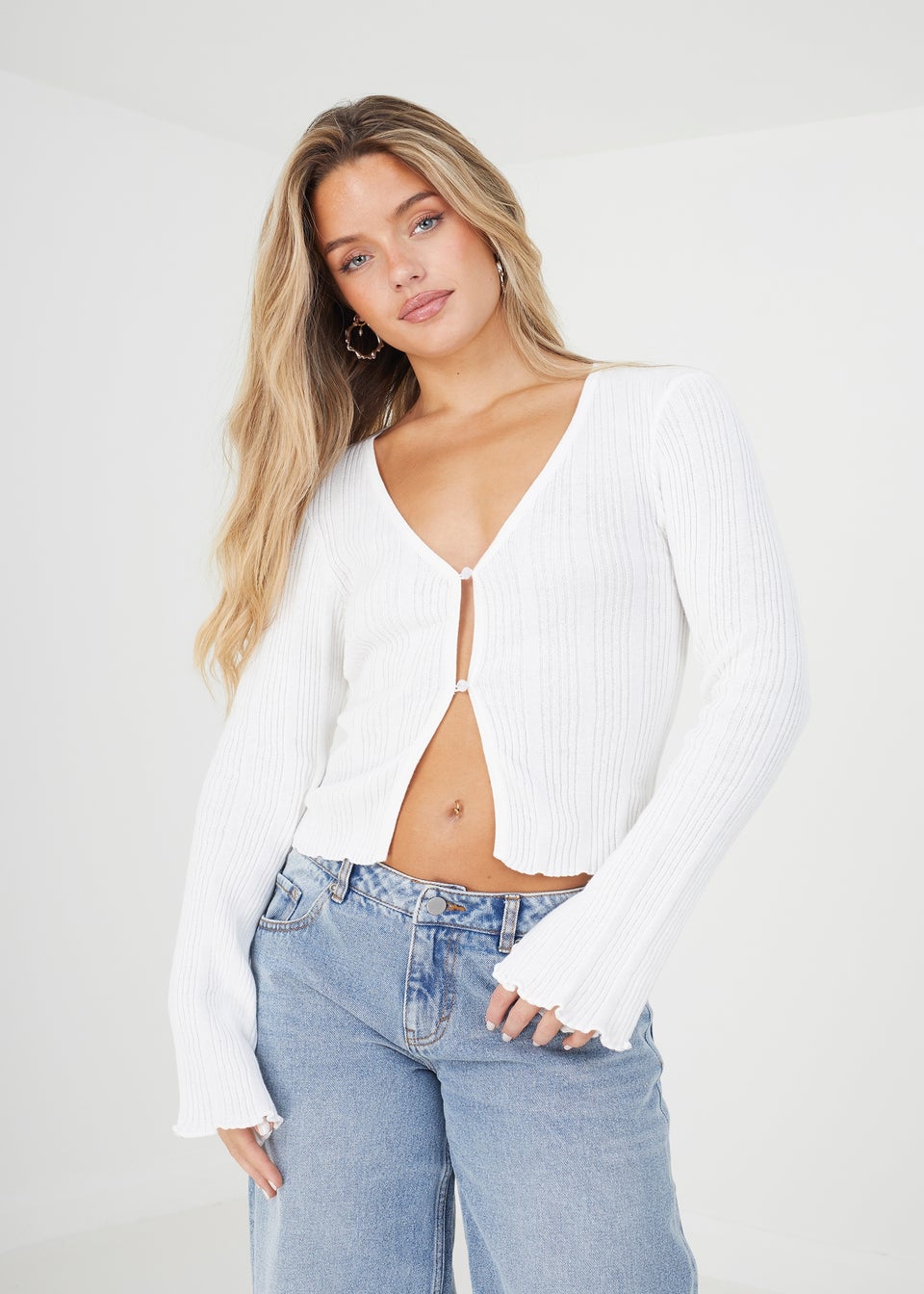 Brave Soul Ivory Ripley Ribbed Knitted Cardigan with Wide Sleeve