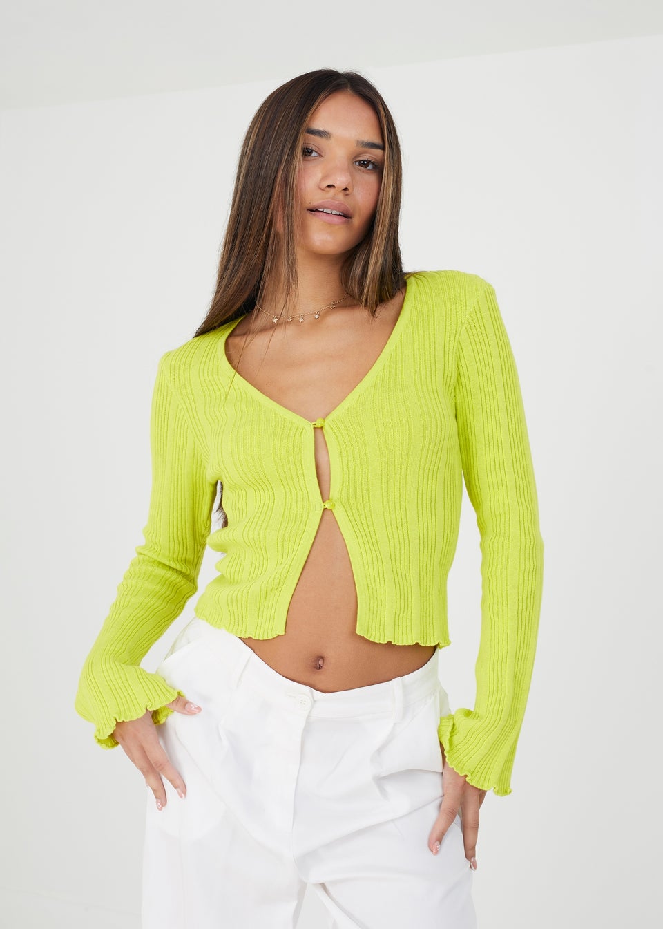 Brave Soul Lime Ripley Ribbed Knitted Cardigan with Wide Sleeve