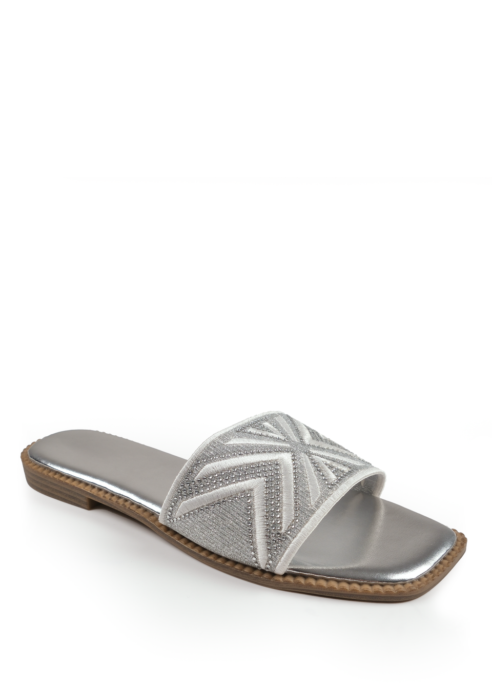 Where's That From Silver Metallic Blossom Single Band Flat Sandals