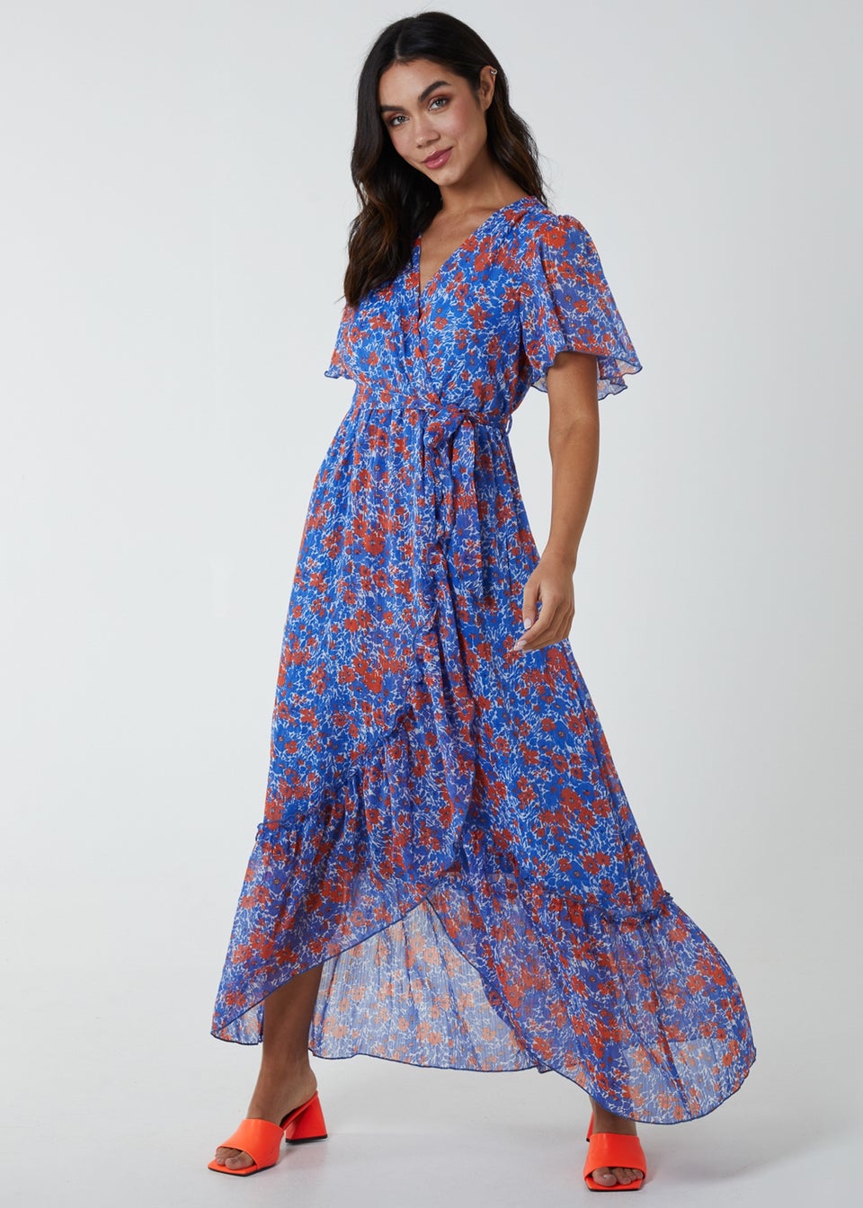 Blue Vanilla Blue Floral Frill Split Dress
