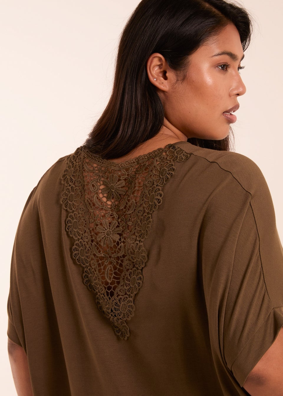 Blue Vanilla Khaki Curve Floral Crochet Back Top