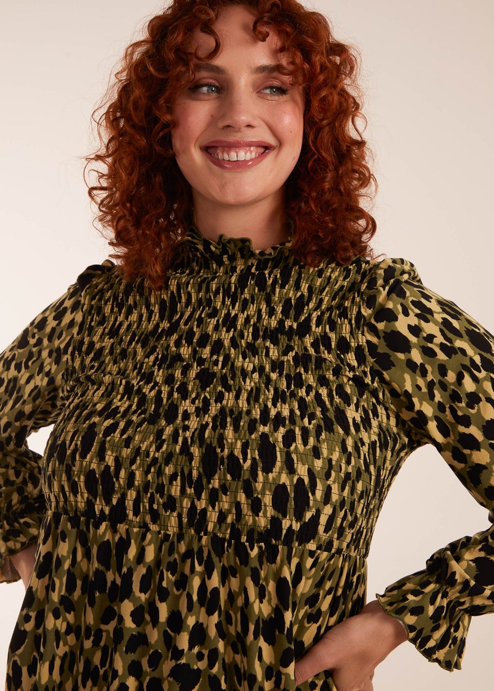 Blue Vanilla Green Curve Leopard Print Shirred Trapeze Mini Dress