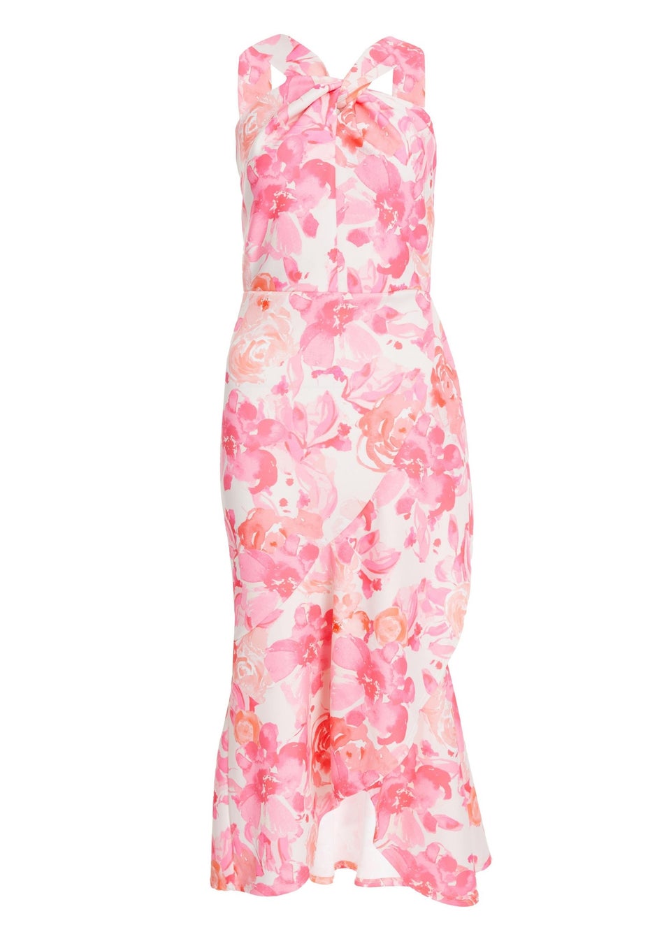 Quiz Pink Floral Print Frill Halter Neck Midi Dress
