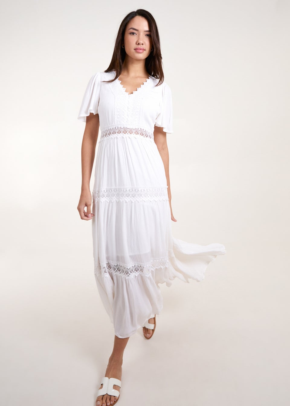 Blue Vanilla White Crochet Detailing Angel Sleeve Tiered Maxi Dress