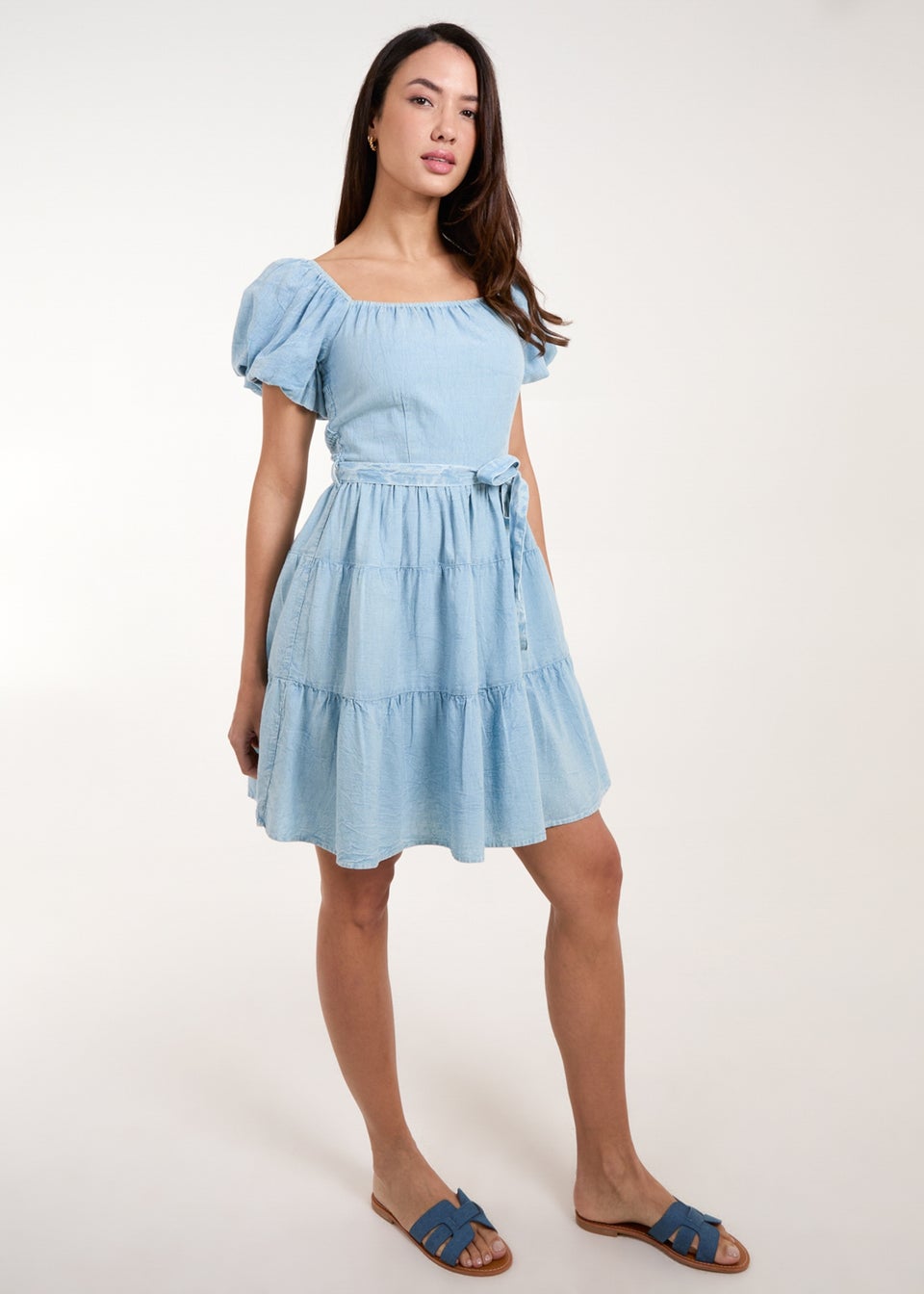 Blue Vanilla Blue Washed Puff Sleeve Mini Dress