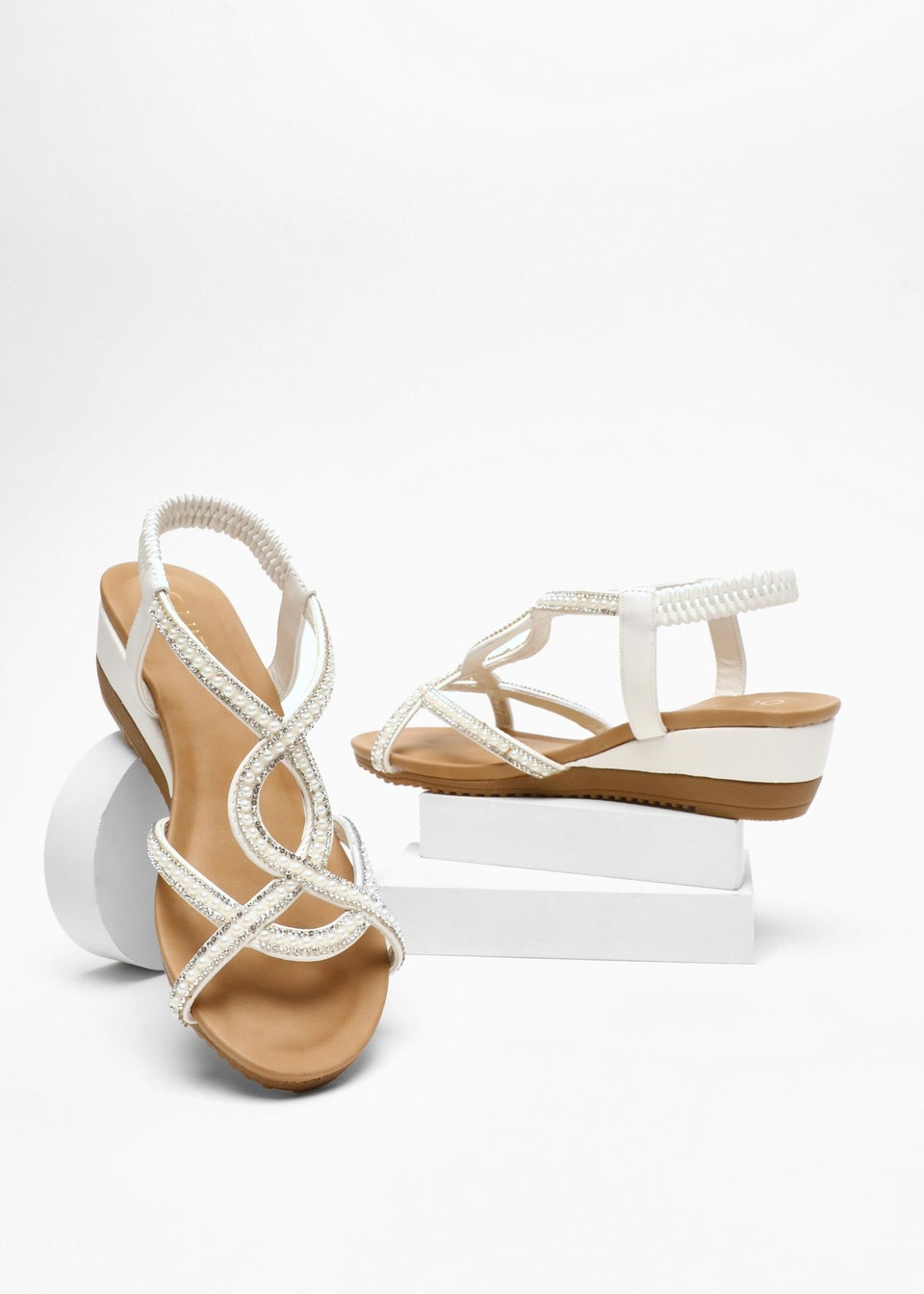 Quiz White Pearl Low Wedge Sandals