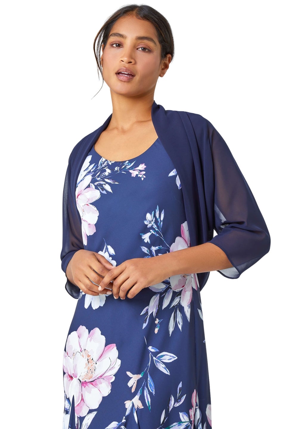 Roman Navy Ruched Hem Chiffon Bolero