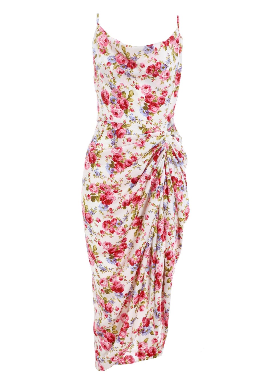 Quiz Cream Floral Satin Ruched Midi Dress