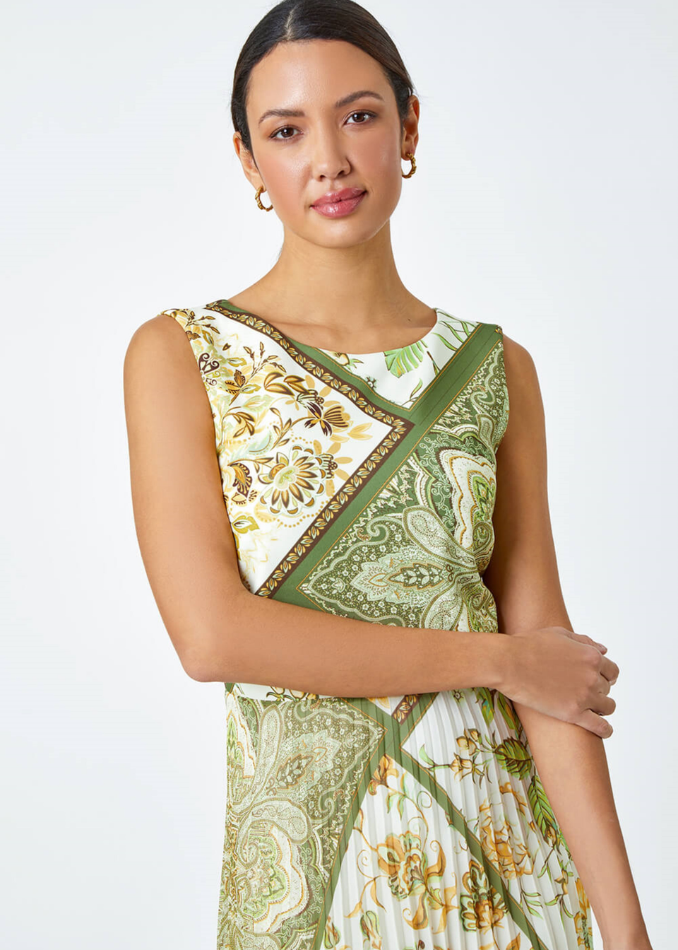 Roman Green Paisley Scarf Print Pleated Midi Dress