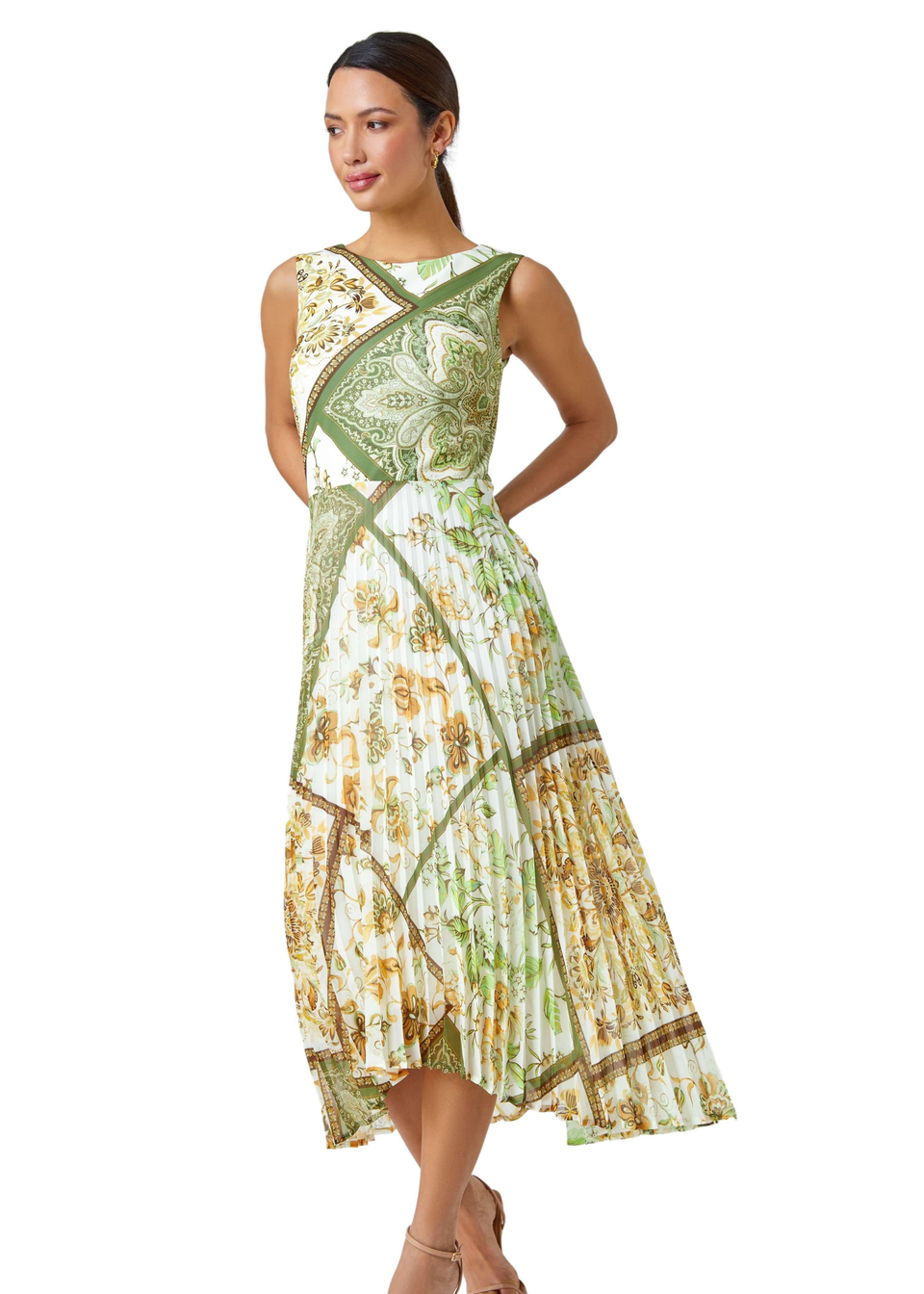 Roman Green Paisley Scarf Print Pleated Midi Dress