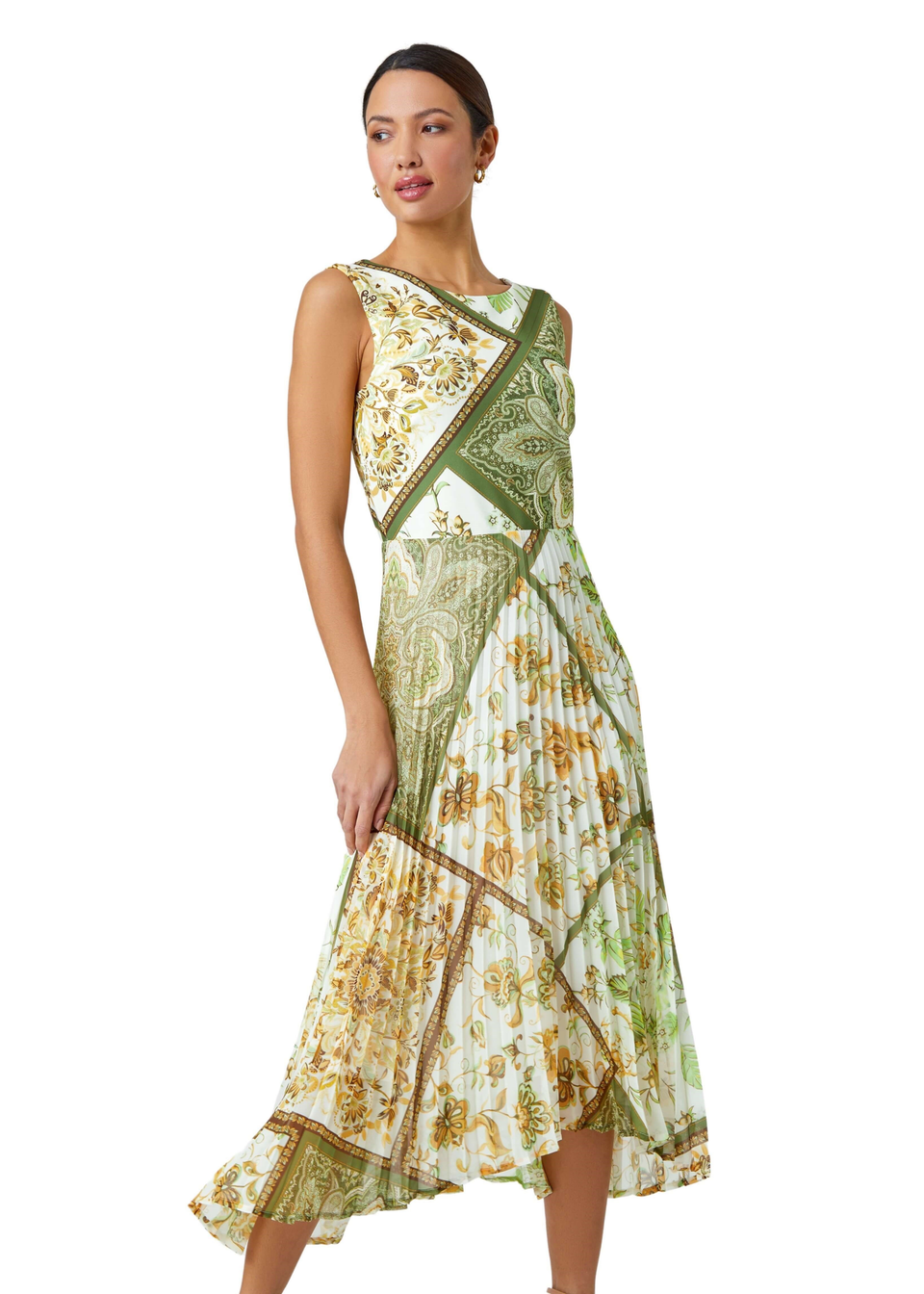 Roman Green Paisley Scarf Print Pleated Midi Dress Matalan