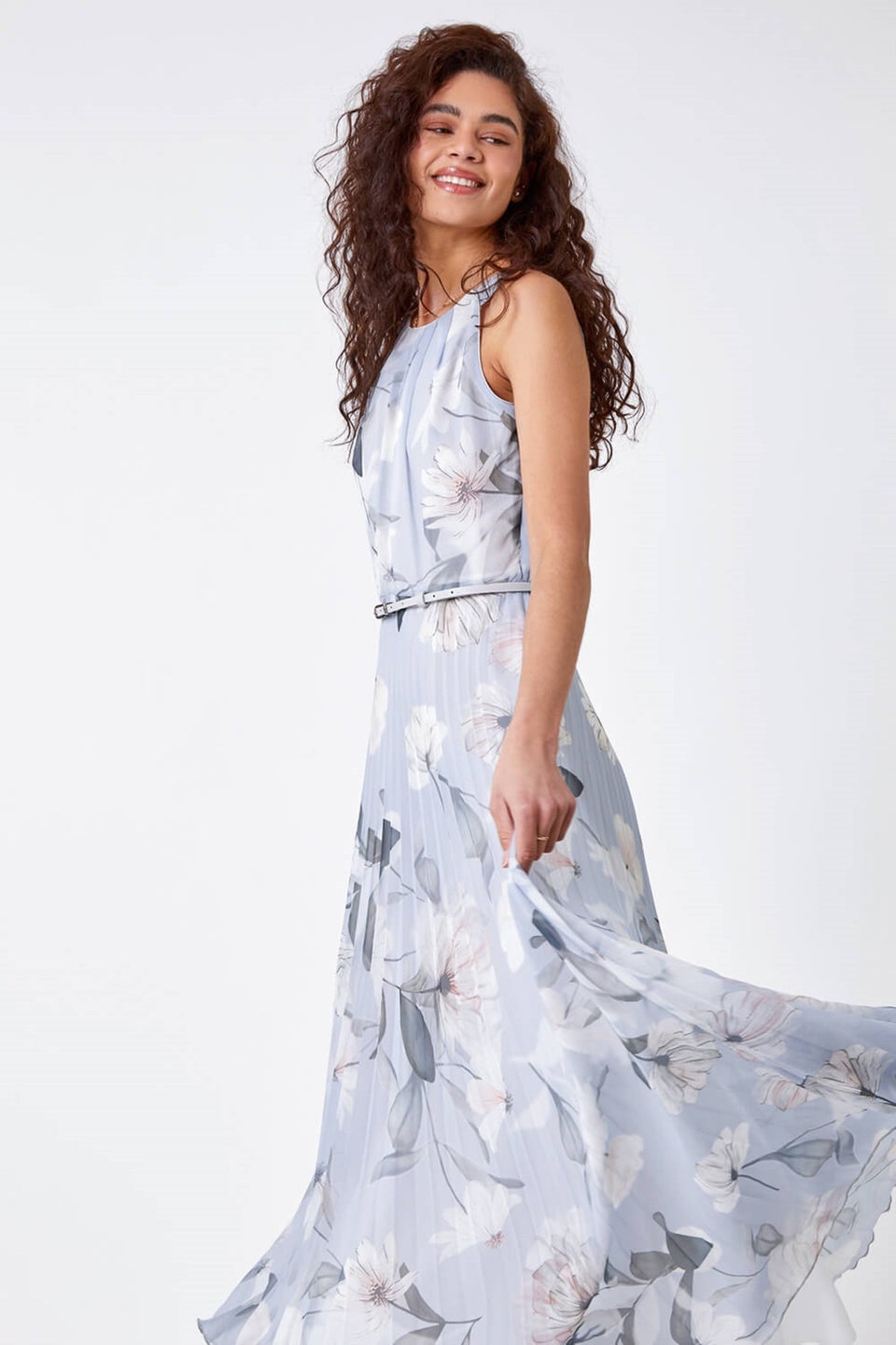 Roman Grey Floral Pleated Chiffon Maxi Dress