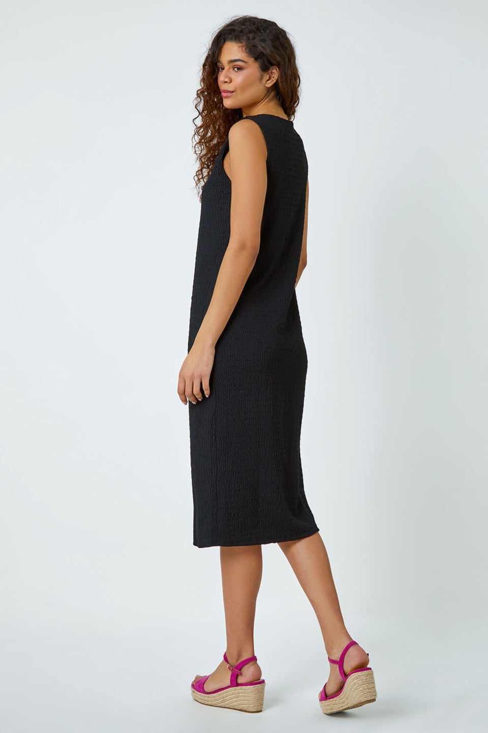 Roman Black Textured Stretch Jersey Midi Dress