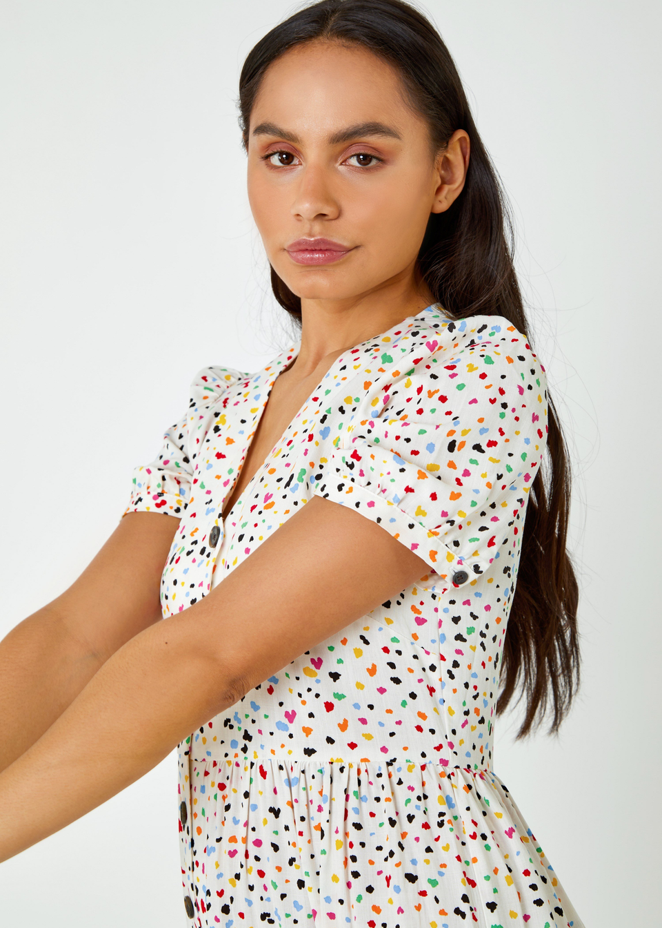 Roman Dusk Yellow Ditsy Spot Print Button Down Dress - Matalan