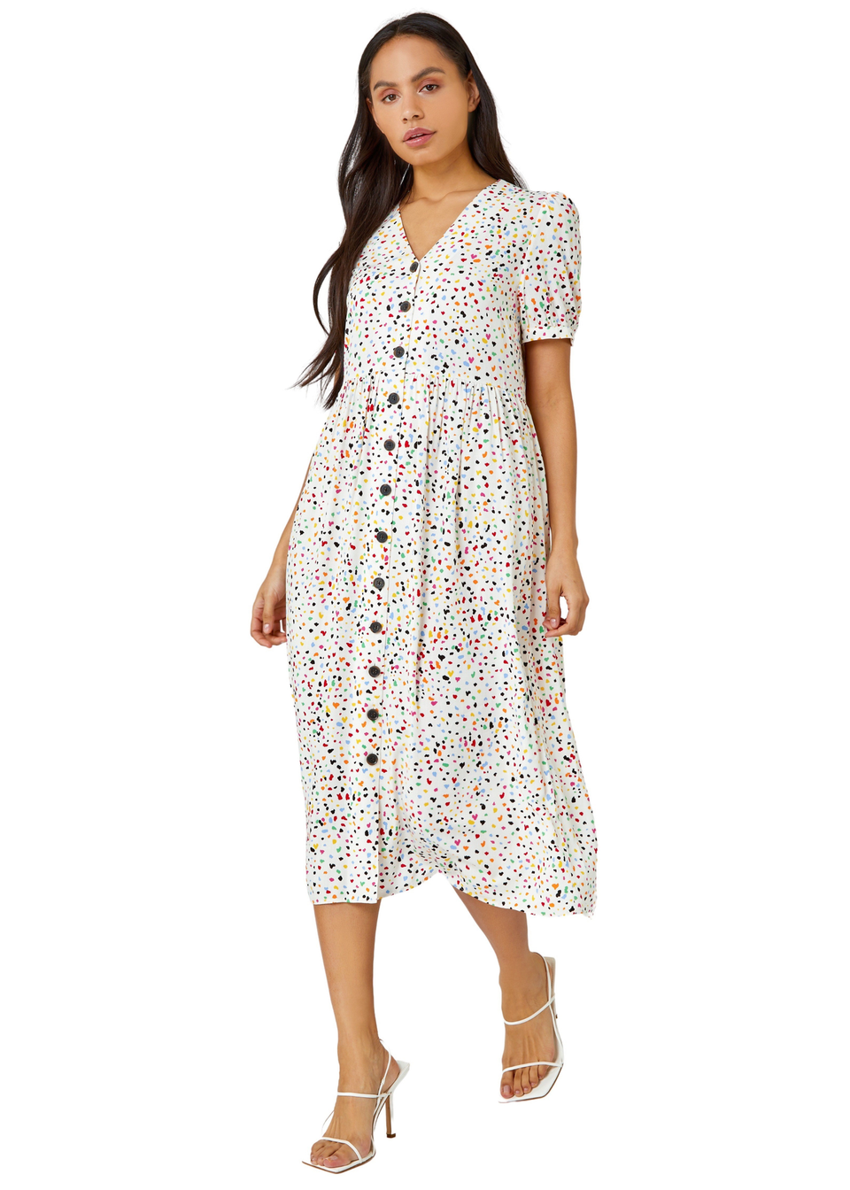 Roman Dusk Yellow Ditsy Spot Print Button Down Dress - Matalan