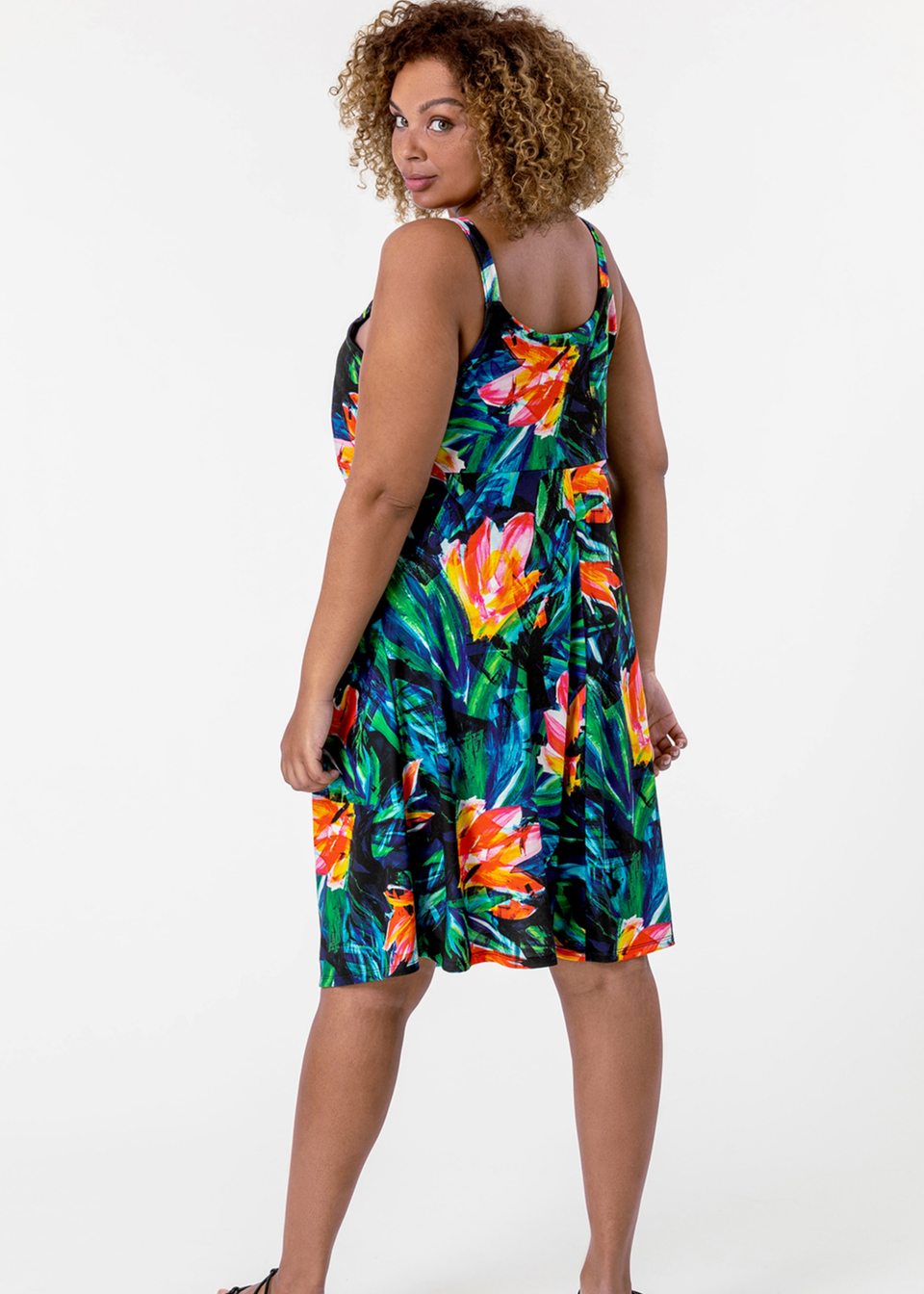 Roman Curve Orange Tropical Print Strappy Dress