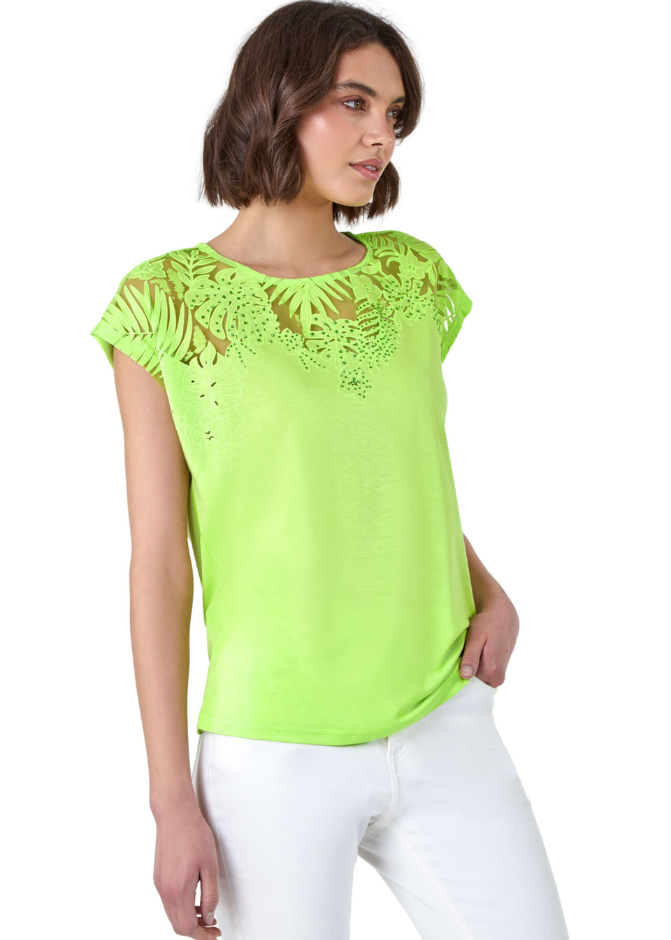 Lime Embellished Palm Print Cut Out T-Shirt