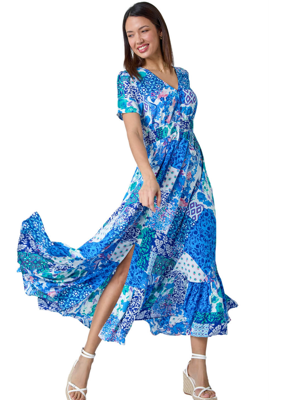 Roman Blue Patchwork Paisley Frilled Hem Maxi Dress