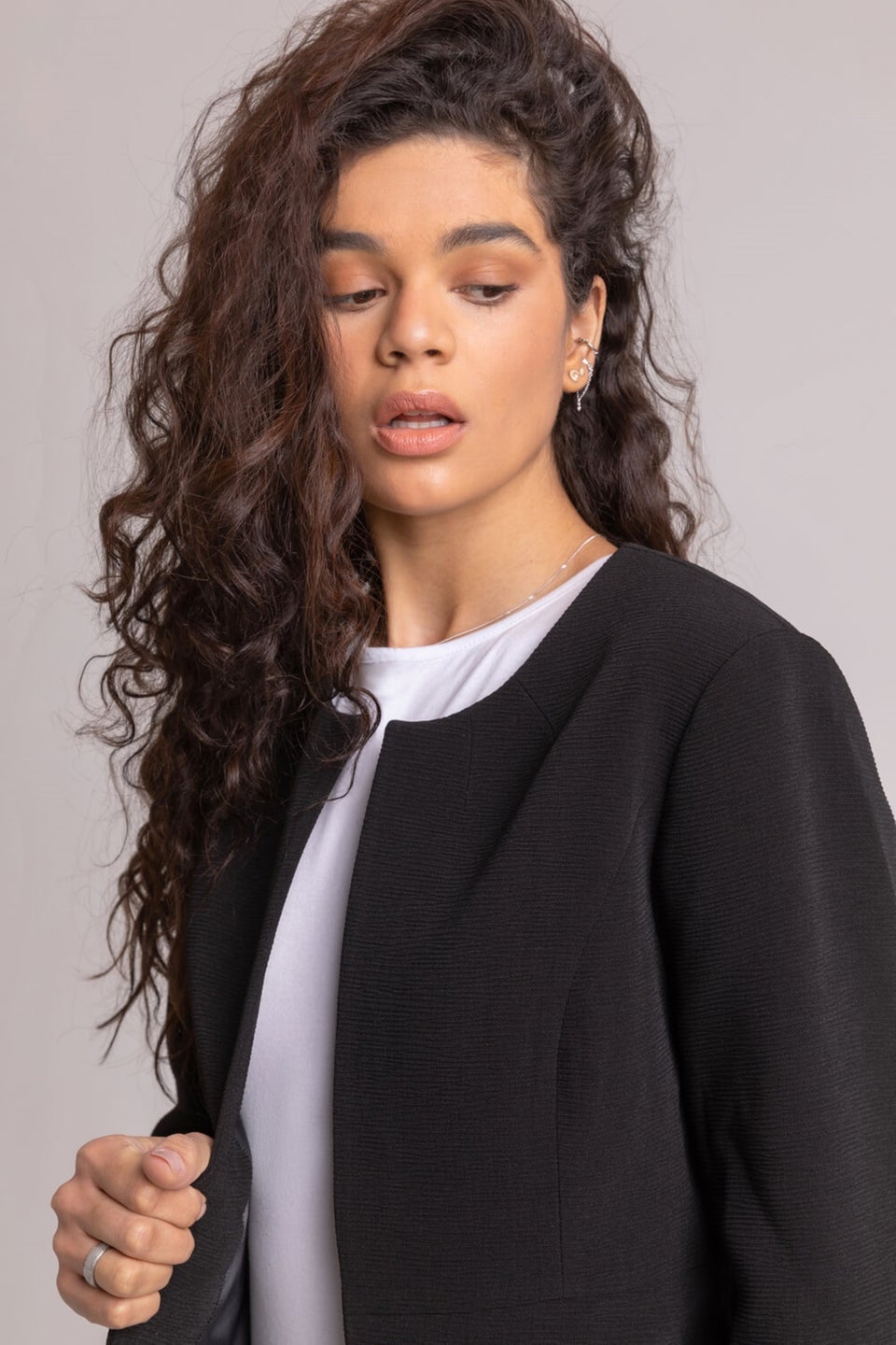 Roman Black Cropped Bolero Tailored Jaquard Jacket Wedding Shrug Fitted Blazer