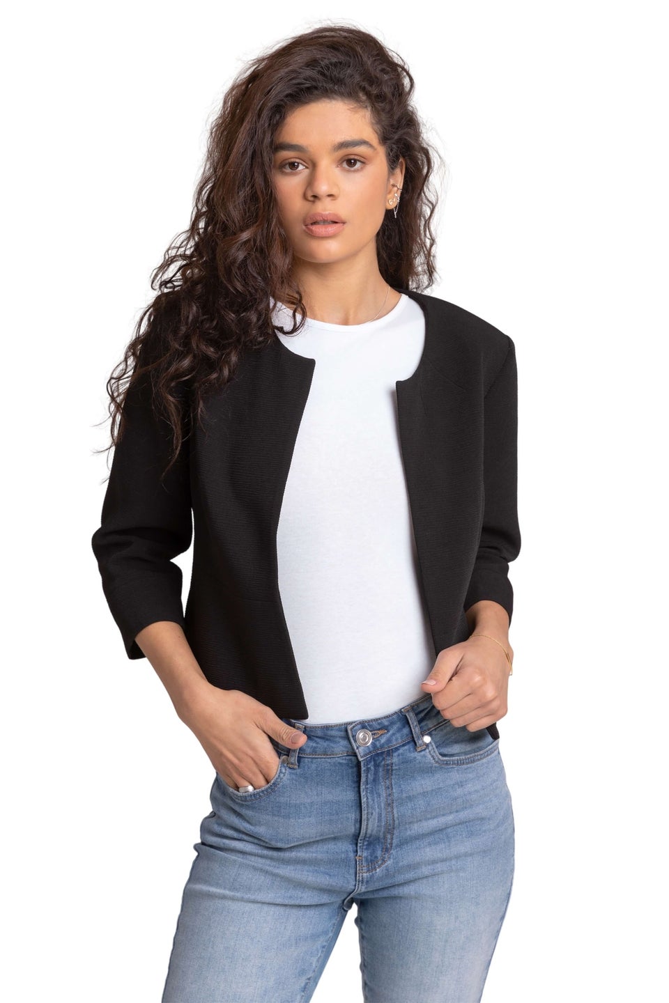Roman Black Cropped Bolero Tailored Jaquard Jacket Wedding Shrug Fitted Blazer