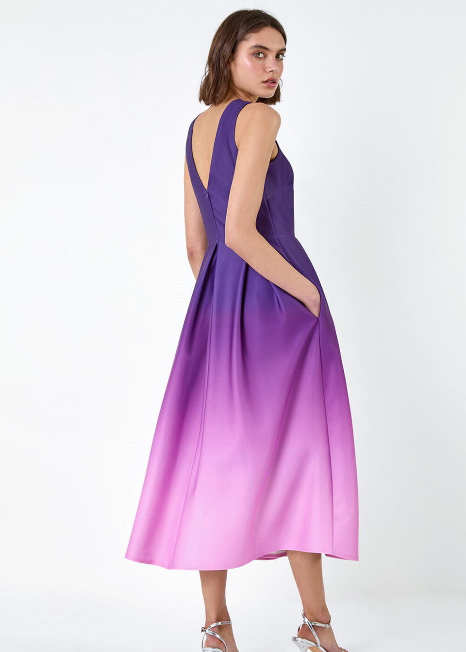 Roman Purple Ombre Pleated Luxe Stretch Midi Dress