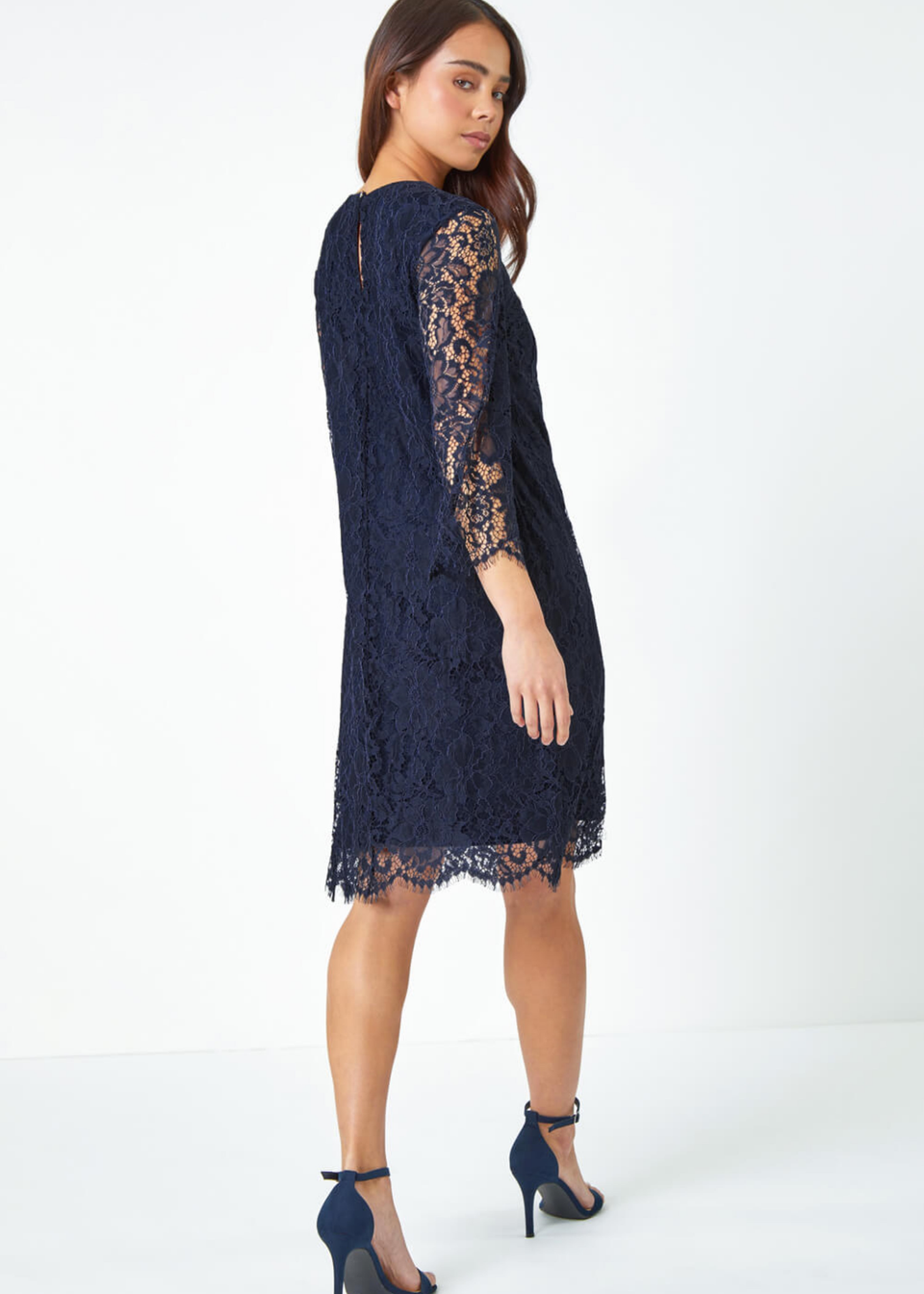 Roman Navy Petite Lace Overlay Tunic Dress