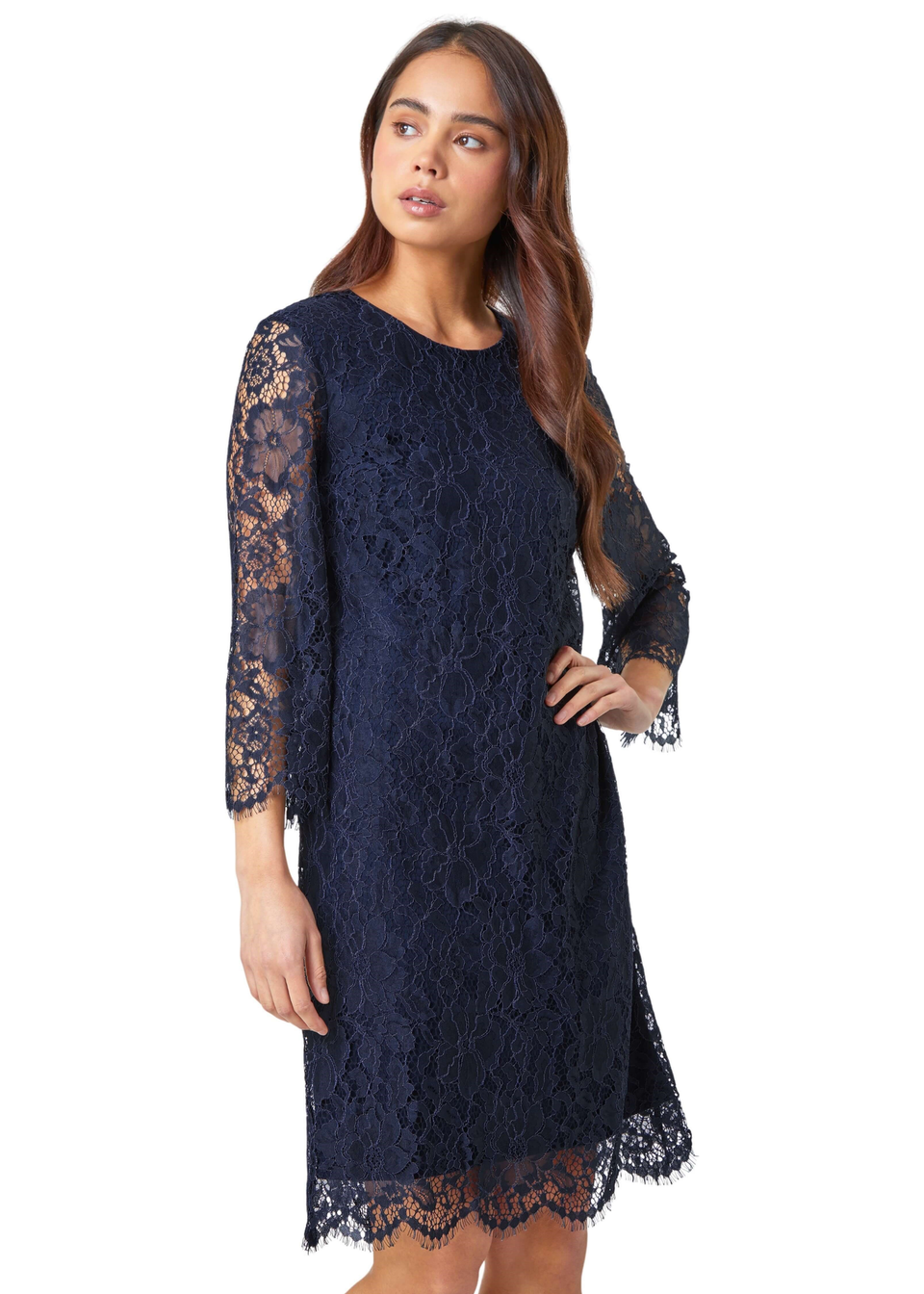 Roman Navy Petite Lace Overlay Tunic Dress