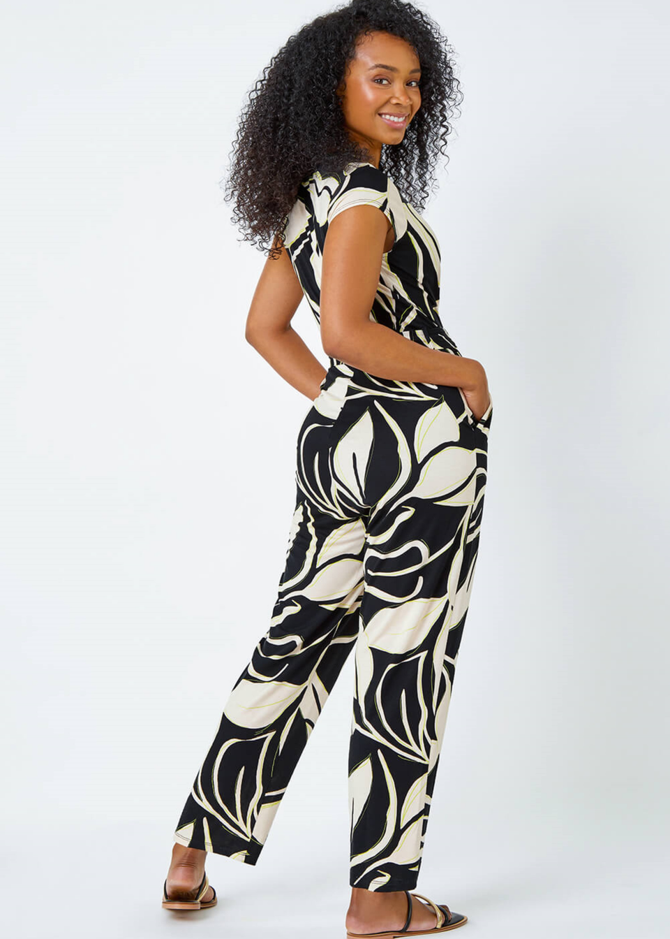 Roman Black Petite Leaf Print Stretch Jumpsuit