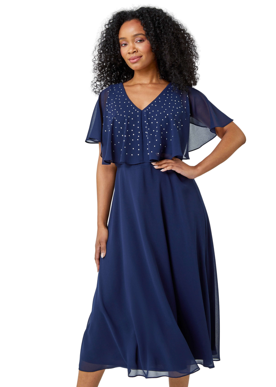 Roman Navy Petite Embellished Midi Cape Dress