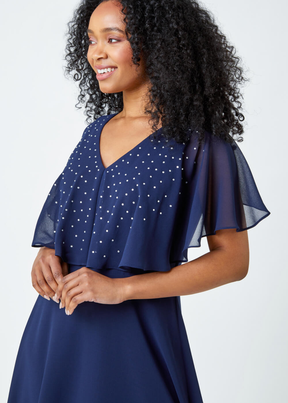 Roman Navy Petite Embellished Midi Cape Dress