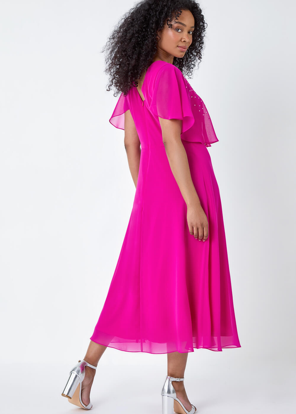 Roman Pink Petite Embellished Midi Cape Dress
