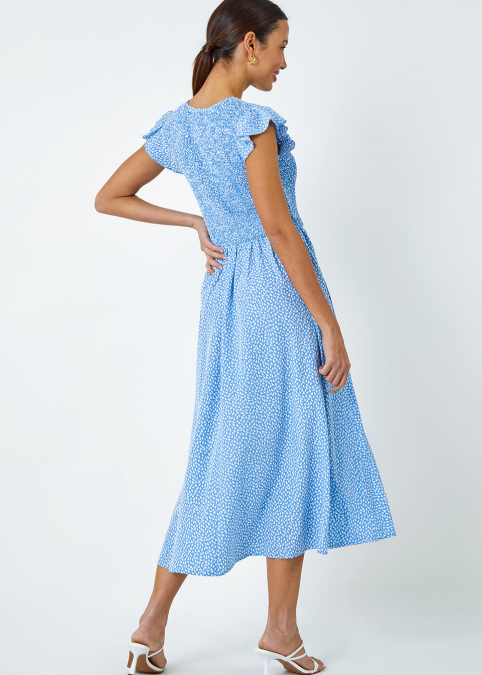 Roman Light Blue Ditsy Print Shirred Midi Dress - Matalan