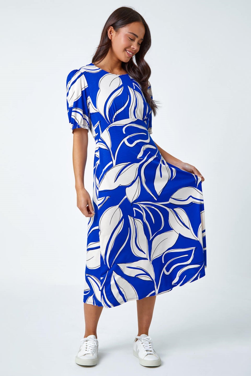 Roman Royal Blue Petite Leaf Stretch Midi Dress