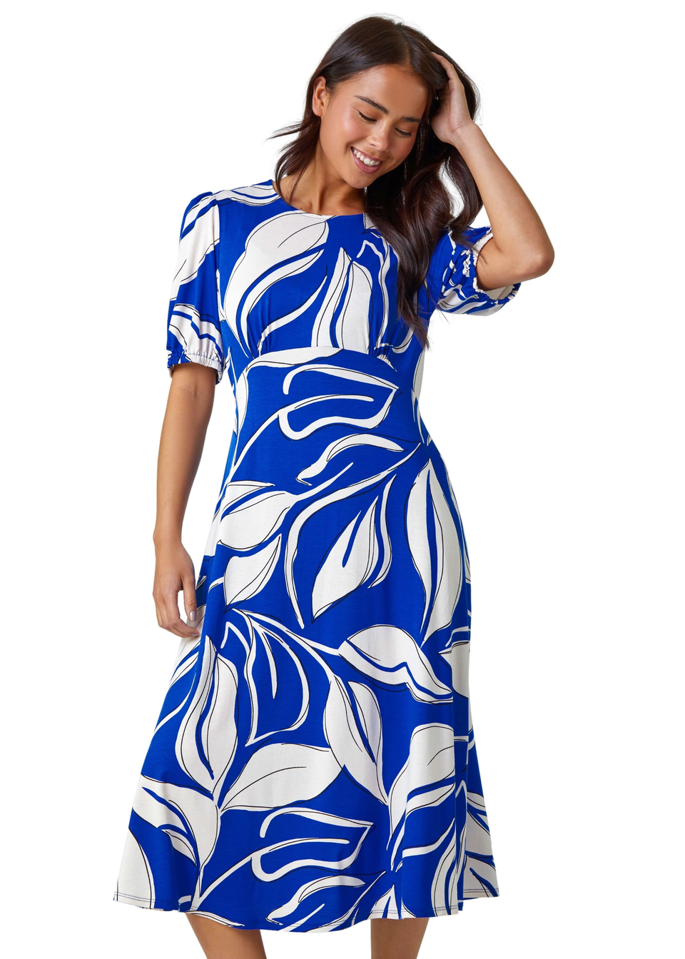 Roman Royal Blue Petite Leaf Stretch Midi Dress