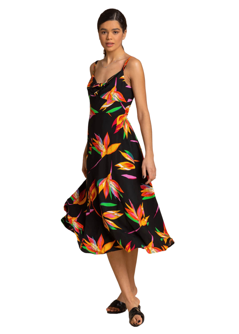 Roman Black Floral Print Tie Front Midi Dress