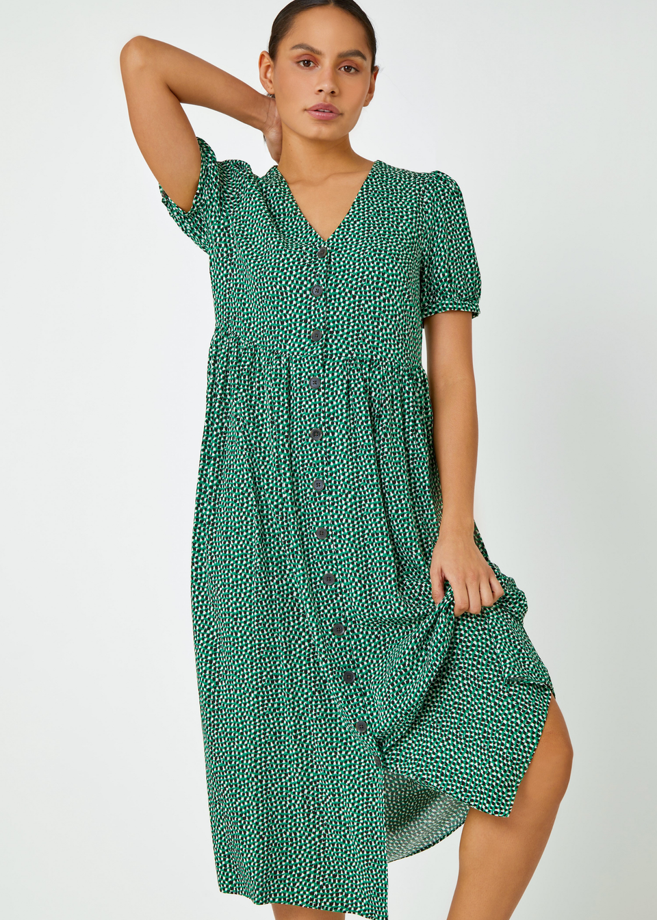 Roman Dusk Green Ditsy Spot Button Through Midi Dress - Matalan