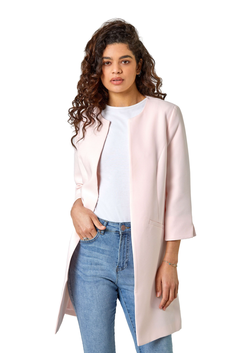 Roman Pink 3 4 Sleeve Textured Longline Jacket Matalan