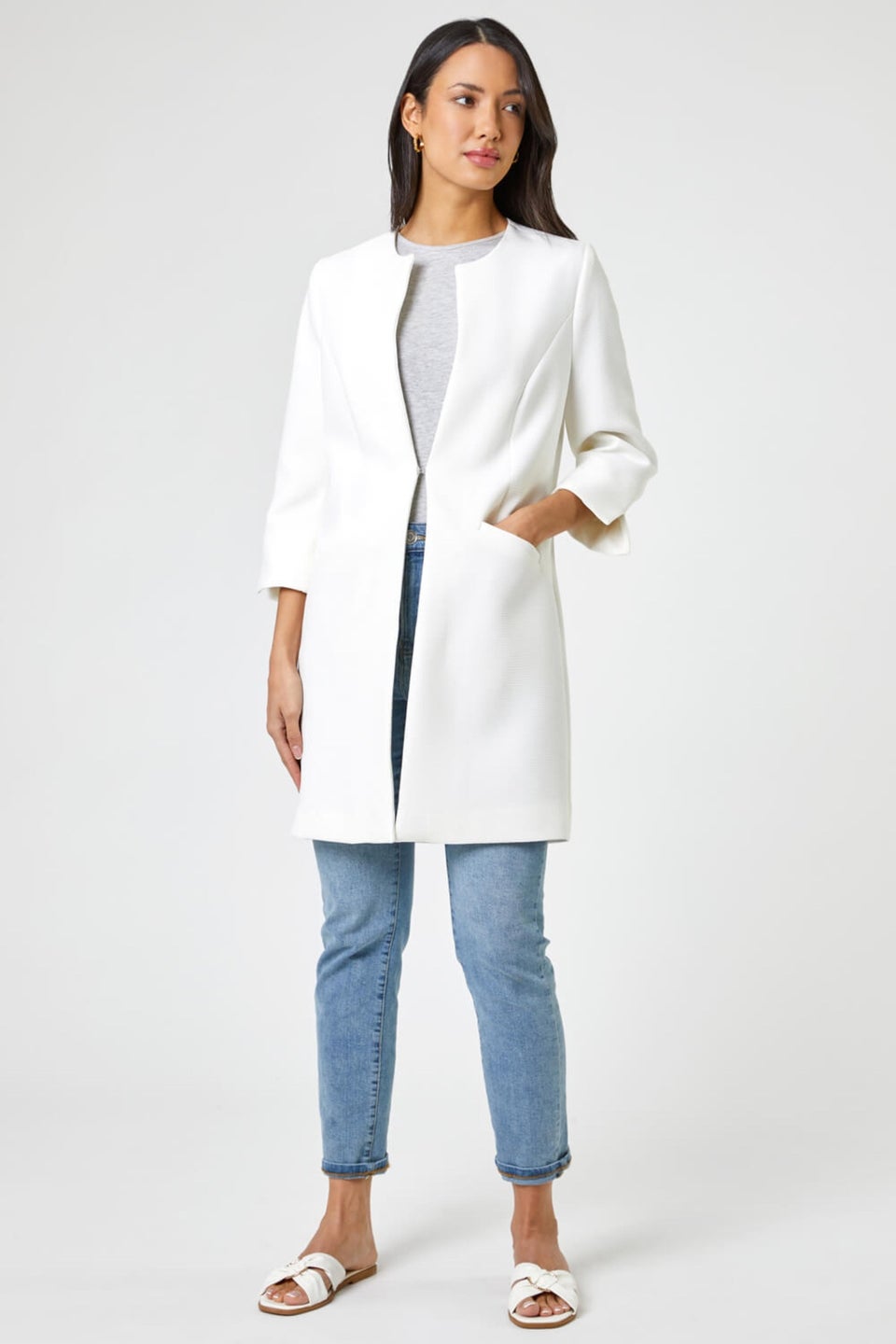 Roman Ivory 3/4 Sleeve Textured Longline Jacket