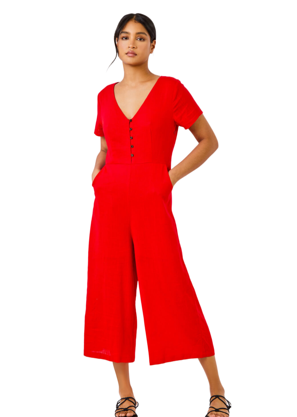 Roman Red Cotton Blend Culotte Jumpsuit