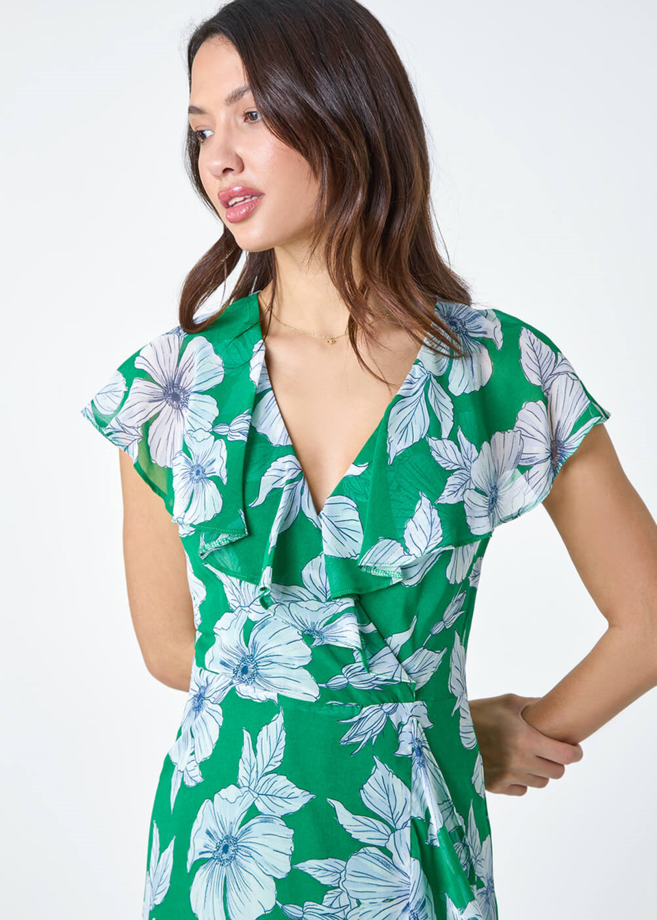 Roman Green Floral Print Chiffon Frill Wrap Midi Dress - Matalan